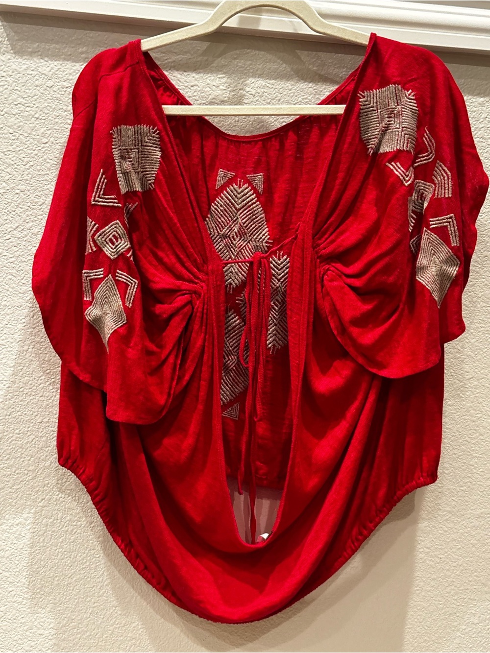 Free People Red Embroidered Boho Tie-Front Tunic